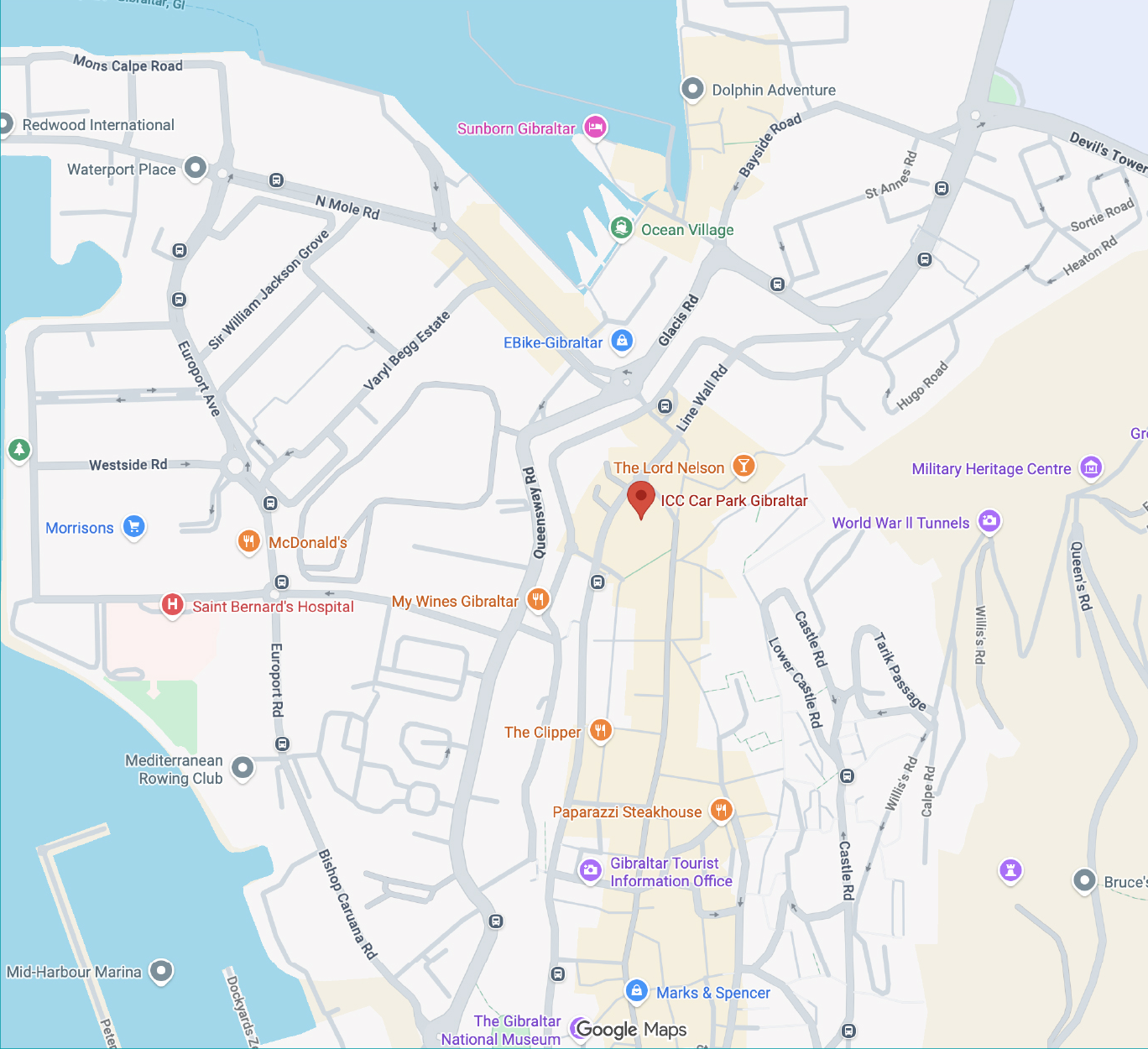 Map showing ICC car parking in Gibraltar